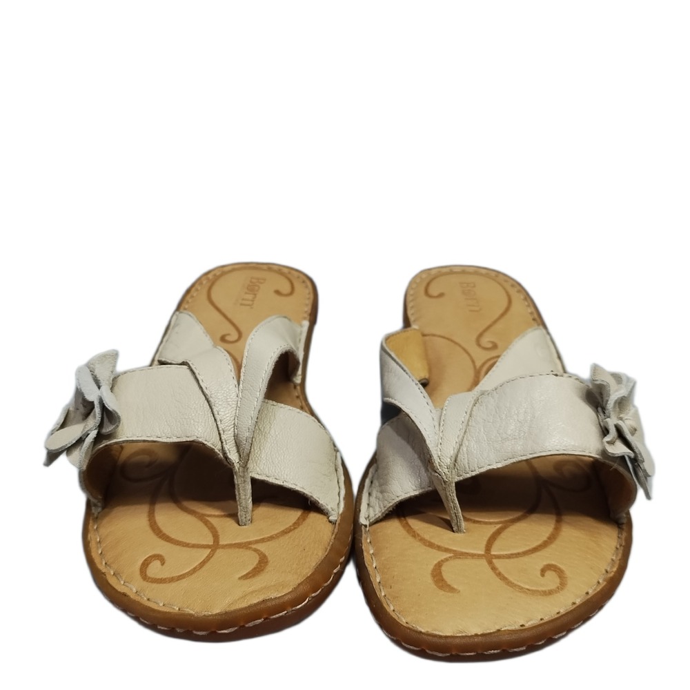 Born Flip Flop Sandals Womens Size 9 Brown Beige Leather Flower Detail Comfort